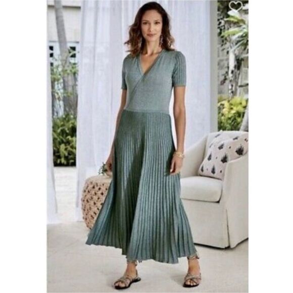 Soft Surroundings Lumine Sparkle Surplice Sweater Dress In Dusty Aqua Size M - Picture 1 of 9